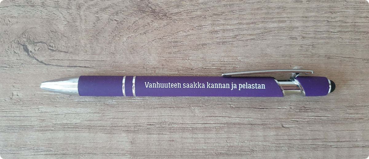 Kuulakärkikynä "Vanhuuteen saakka kannan ja pelastan"