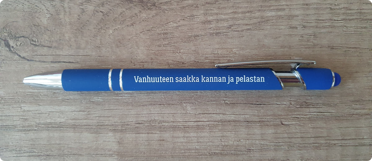 Kuulakärkikynä "Vanhuuteen saakka kannan ja pelastan"