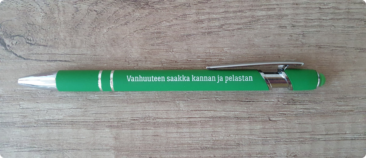 Kuulakärkikynä "Vanhuuteen saakka kannan ja pelastan"