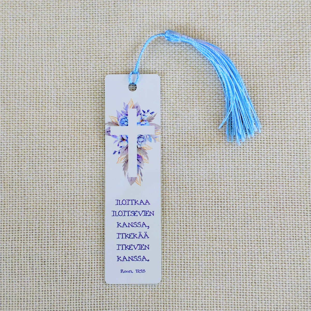 Kirjanmerkki "Iloitkaa iloitsevien kanssa"